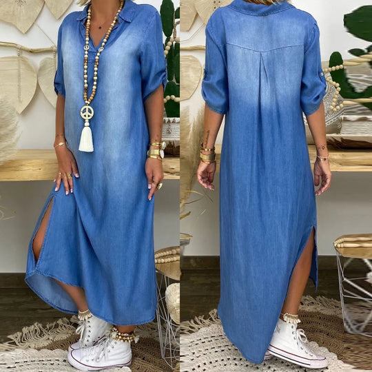 Lea | Lange jurk in jeanslook met zijsplit 6