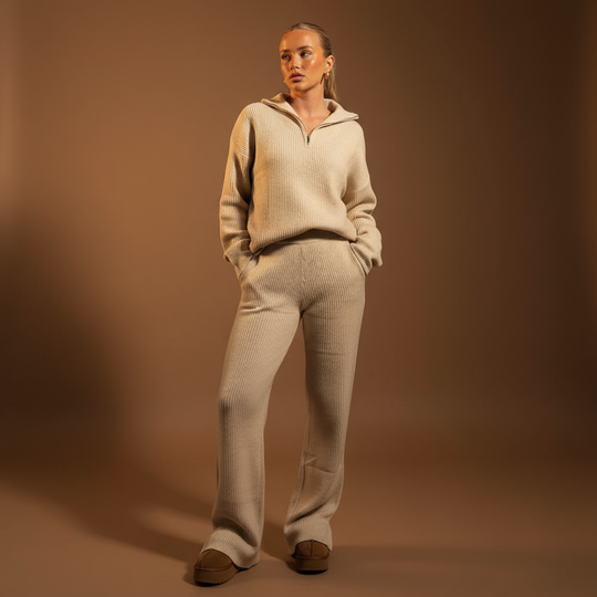 Lounge Set Dames | Geribbelde Half-Zip Sweater & Wijde Broek