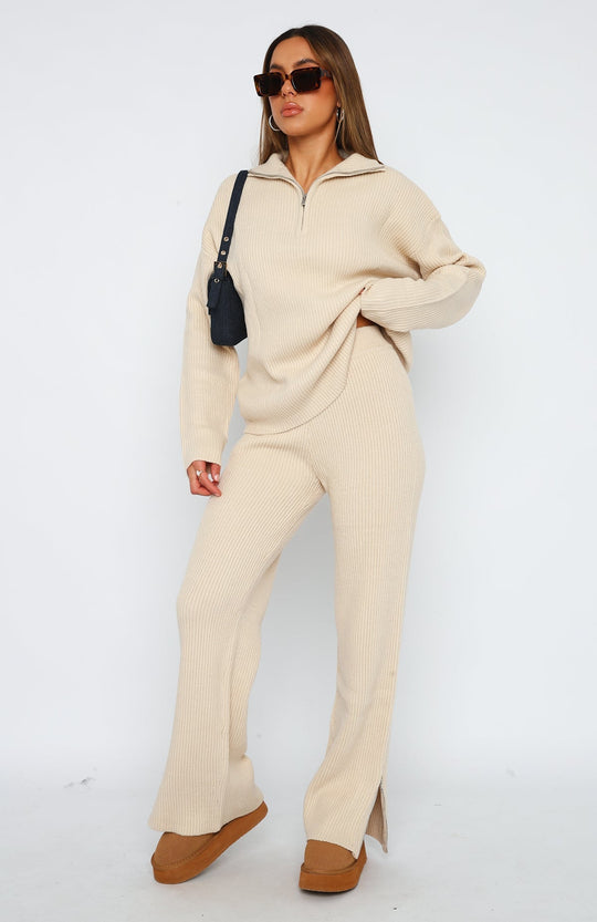 Lounge Set Dames | Geribbelde Half-Zip Sweater & Wijde Broek