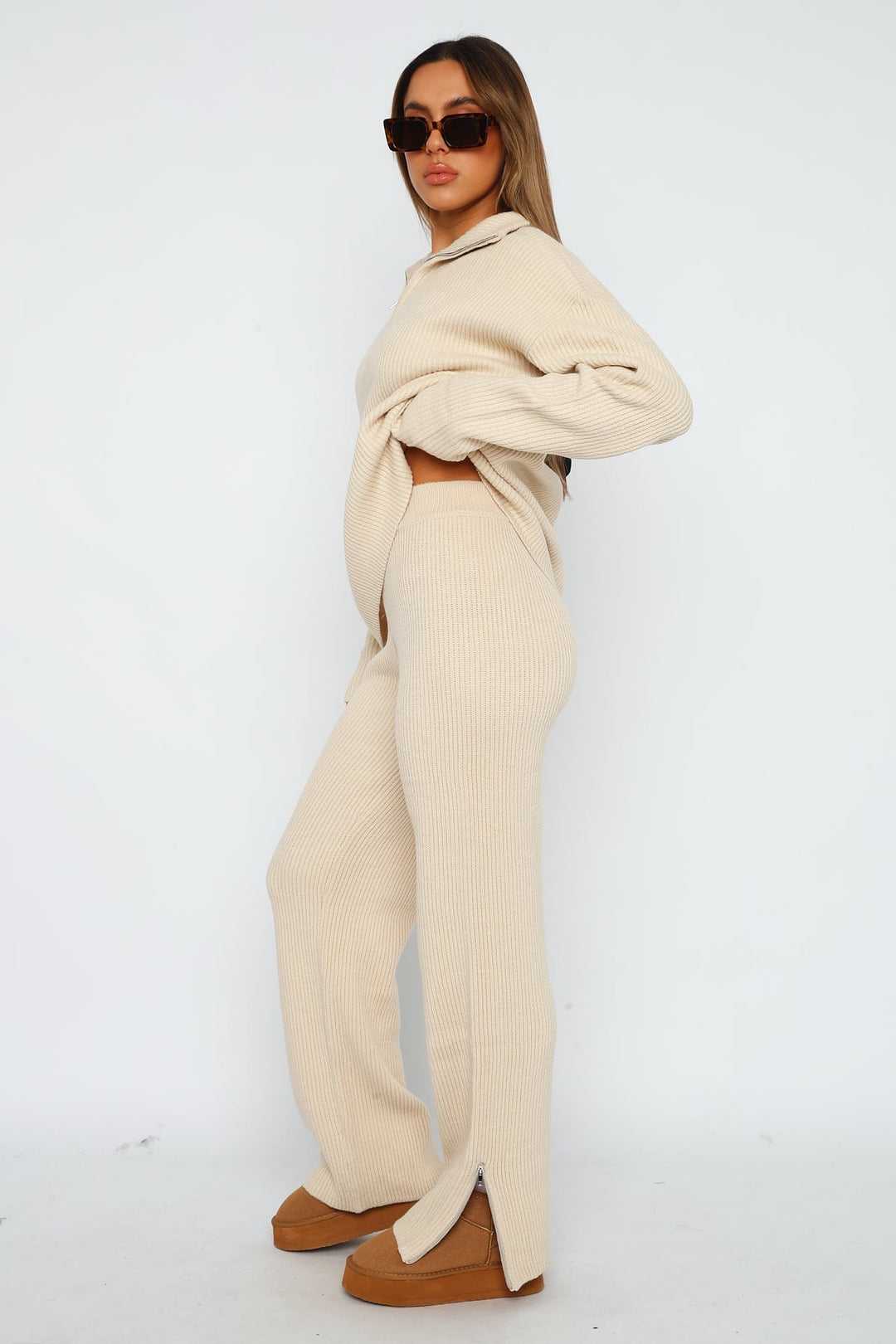 Lounge Set Dames | Geribbelde Half-Zip Sweater & Wijde Broek