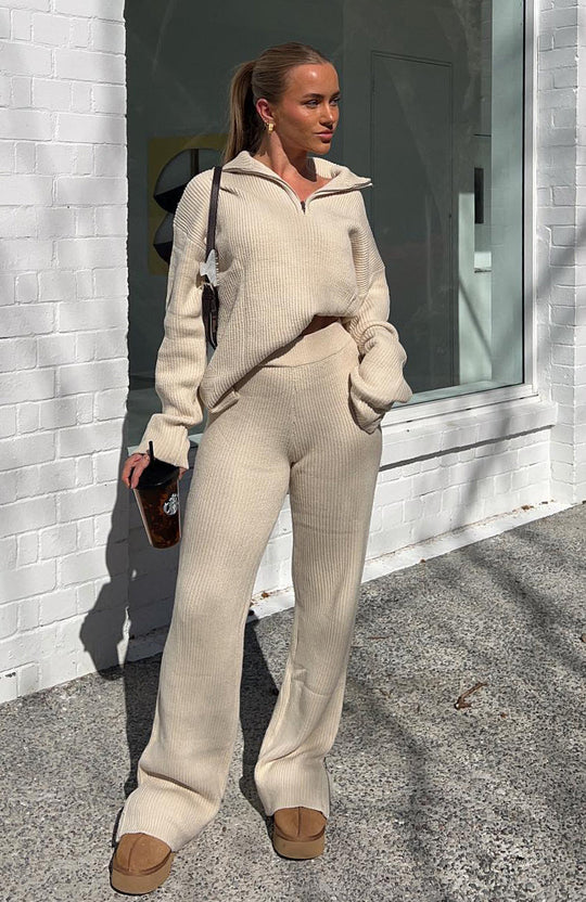 Lounge Set Dames | Geribbelde Half-Zip Sweater & Wijde Broek