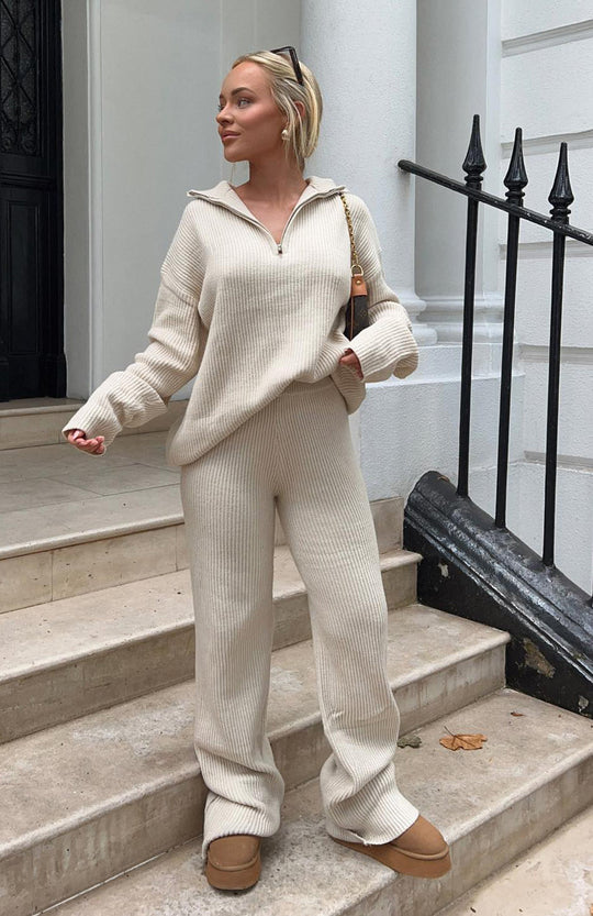Lounge Set Dames | Geribbelde Half-Zip Sweater & Wijde Broek