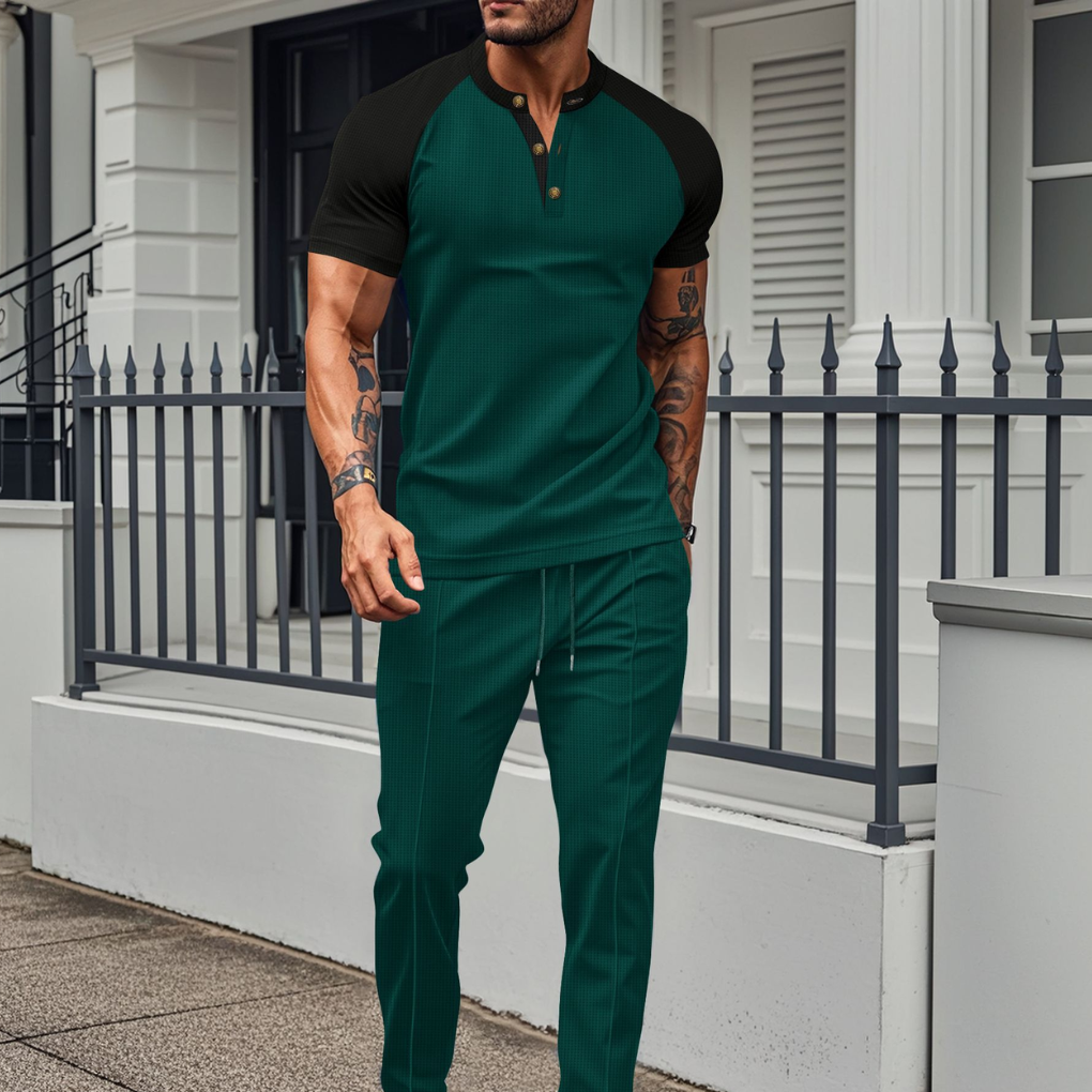 Lounge Set | Wafel Shirt met Contrastmouwen & Joggingbroek