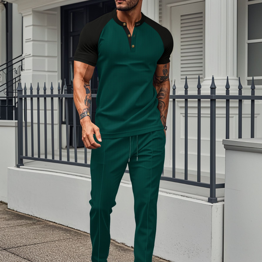 Lounge Set | Wafel Shirt met Contrastmouwen & Joggingbroek
