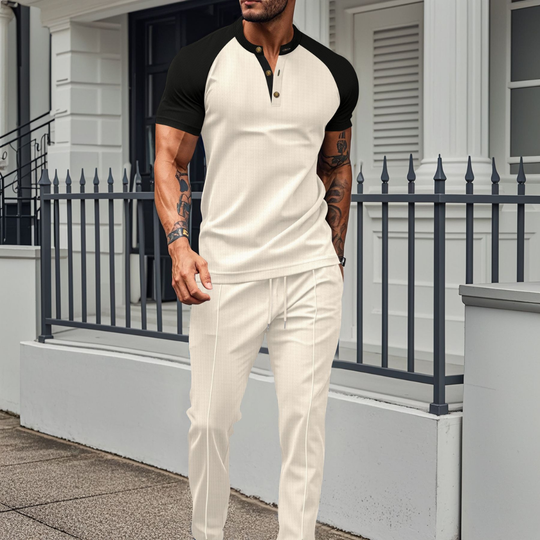Lounge Set | Wafel Shirt met Contrastmouwen & Joggingbroek