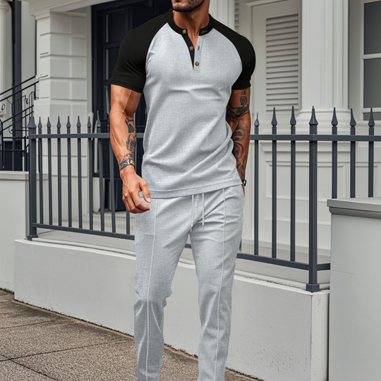 Lounge Set | Wafel Shirt met Contrastmouwen & Joggingbroek