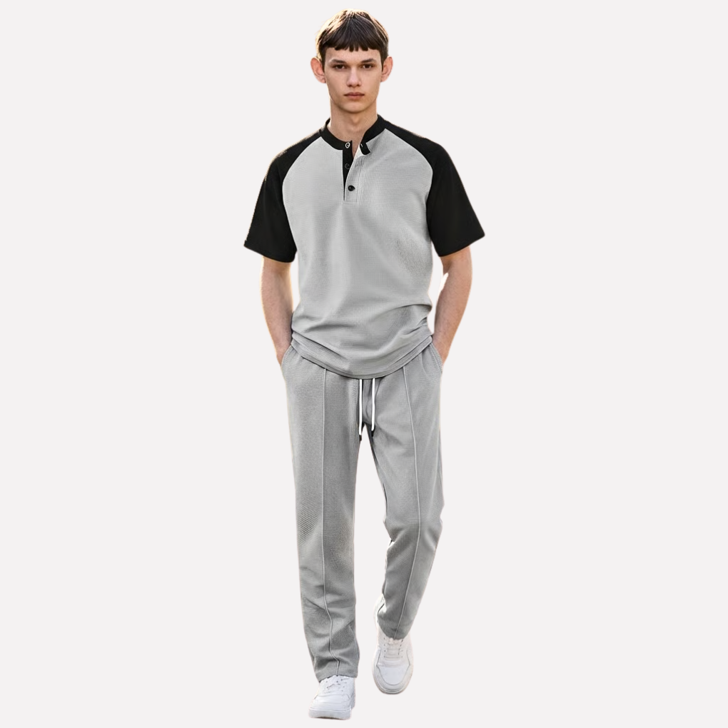 Lounge Set | Wafel Shirt met Contrastmouwen & Joggingbroek
