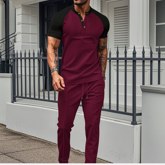 Lounge Set | Wafel Shirt met Contrastmouwen & Joggingbroek