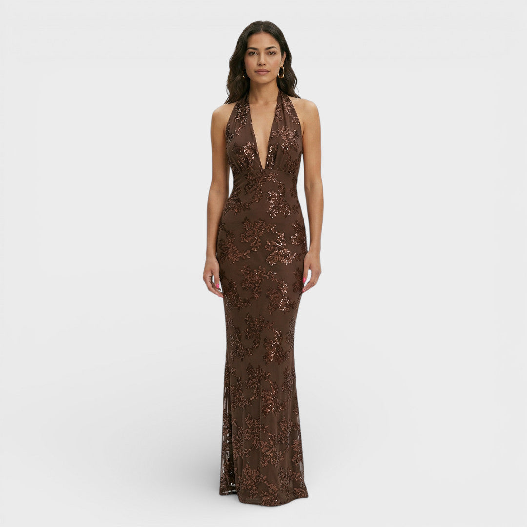 Luciana Dames Maxi Jurk | Halternek | Pailletten Bloemen Met Diepe V-Hals 0