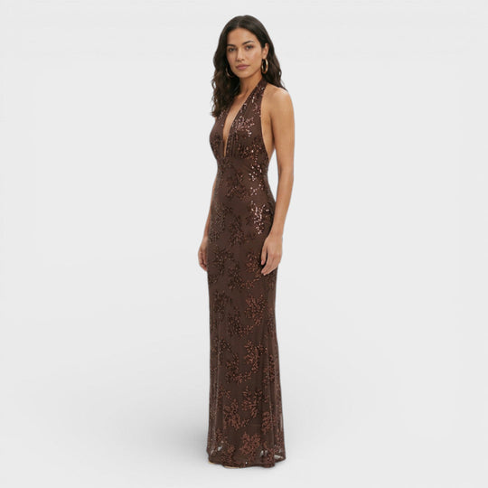 Luciana Dames Maxi Jurk | Halternek | Pailletten Bloemen Met Diepe V-Hals 1