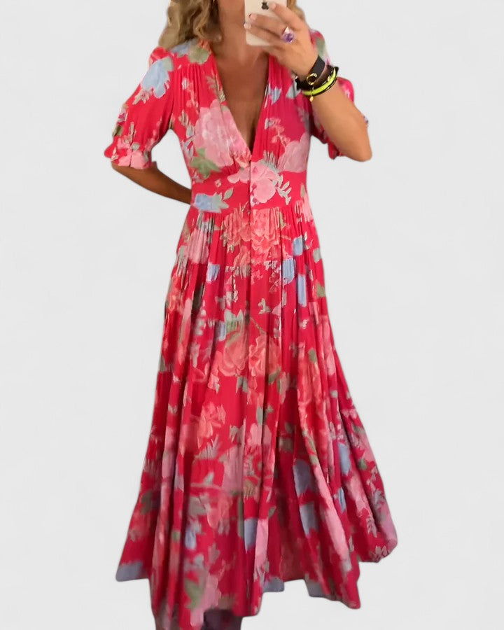 Maxi Jurk Dames | Bloemenprint & Diepe V-Hals met Vloeiende Rok