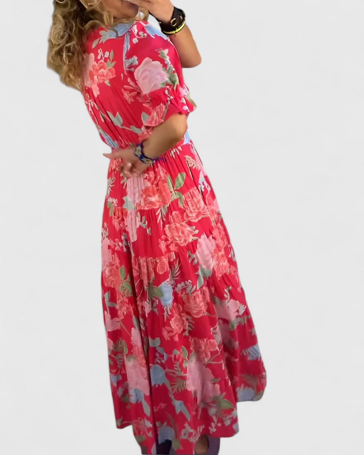 Maxi Jurk Dames | Bloemenprint & Diepe V-Hals met Vloeiende Rok