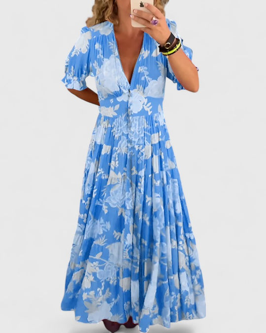 Maxi Jurk Dames | Bloemenprint & Diepe V-Hals met Vloeiende Rok