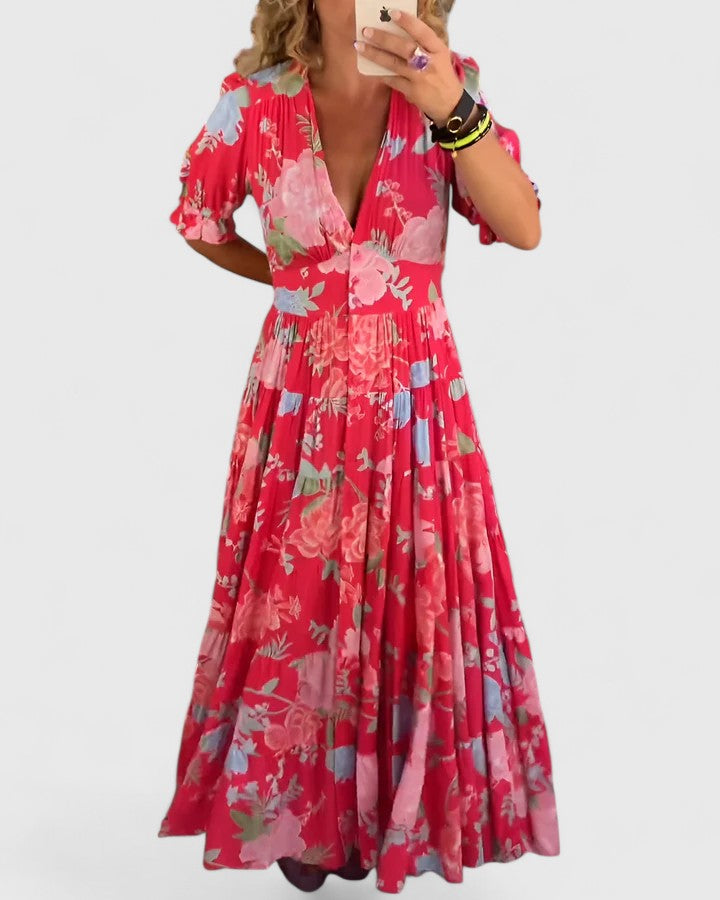 Maxi Jurk Dames | Bloemenprint & Diepe V-Hals met Vloeiende Rok