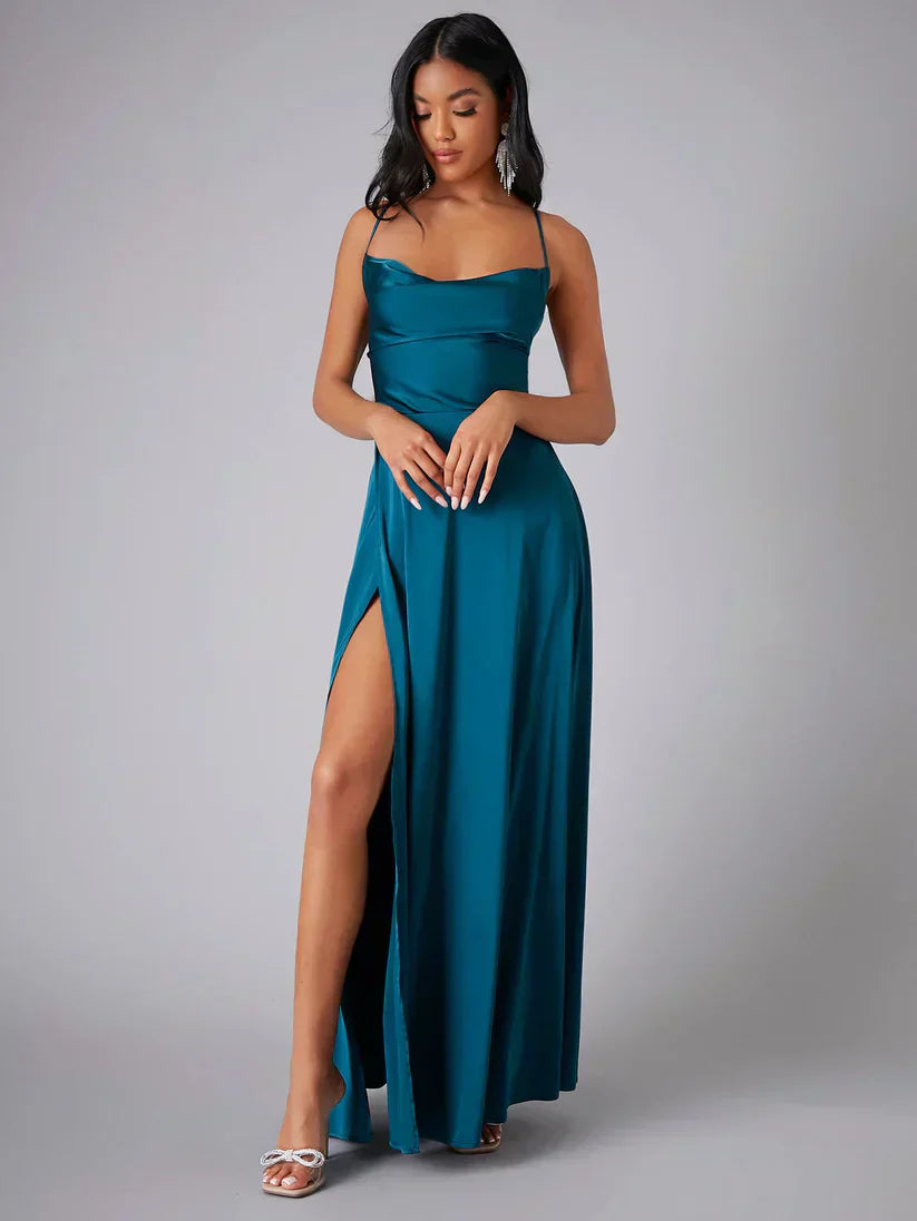 Maxi Jurk Dames | Satijnen Avondjurk met Open Rug & Split