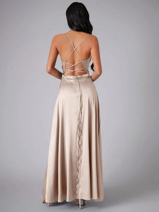 Maxi Jurk Dames | Satijnen Avondjurk met Open Rug & Split