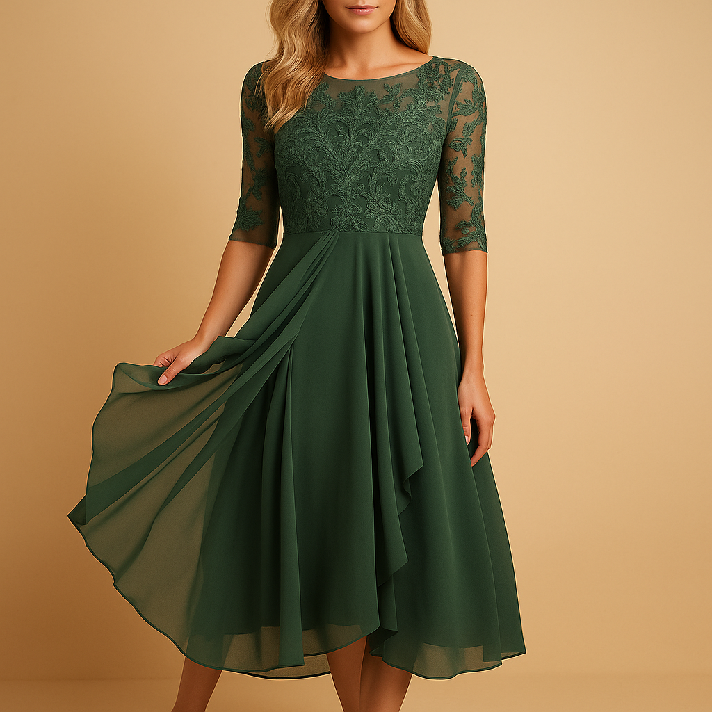 Midi Jurk Dames | Kant & Asymmetrische Gelaagde Rok