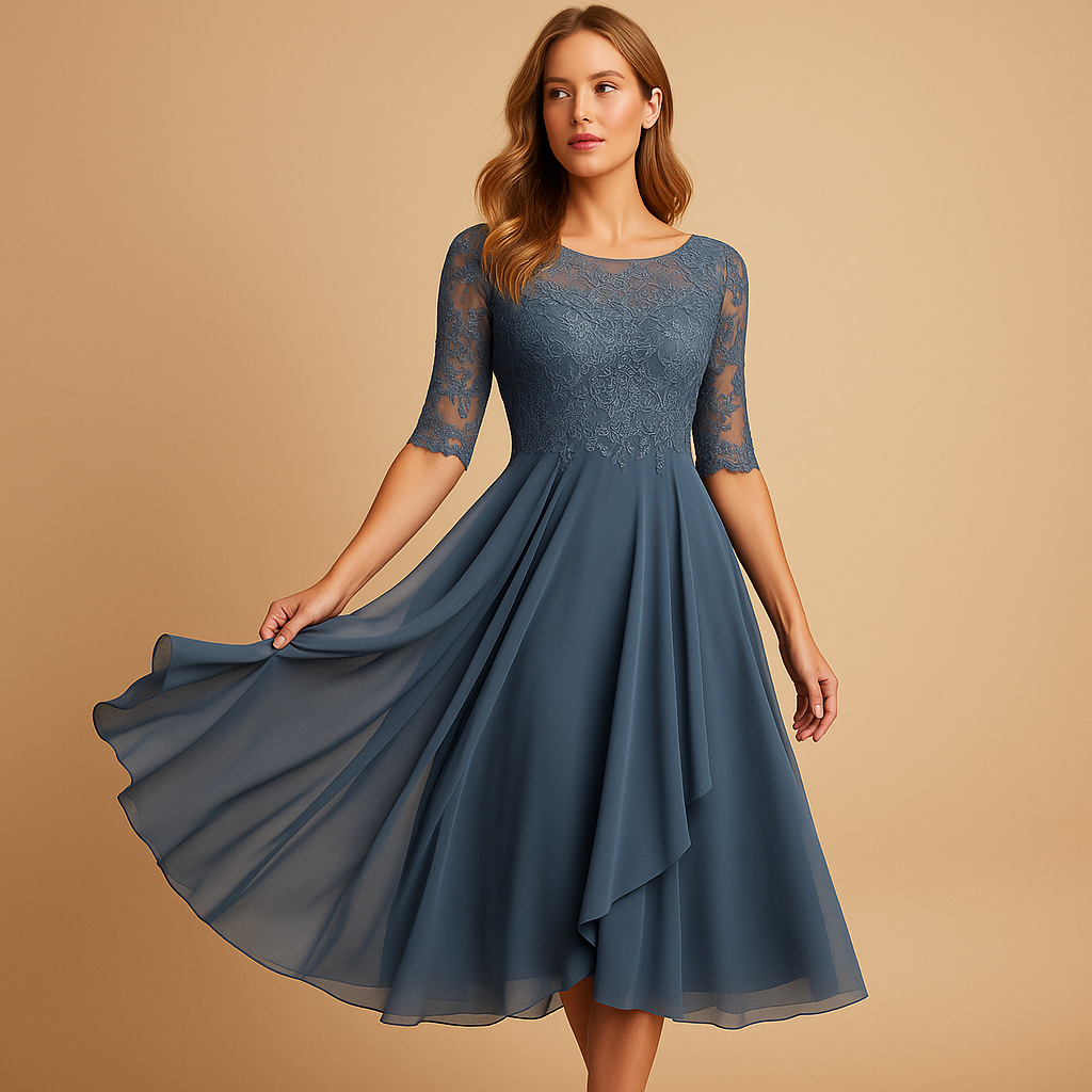 Midi Jurk Dames | Kant & Asymmetrische Gelaagde Rok