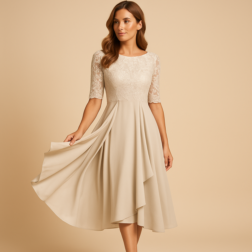 Midi Jurk Dames | Kant & Asymmetrische Gelaagde Rok