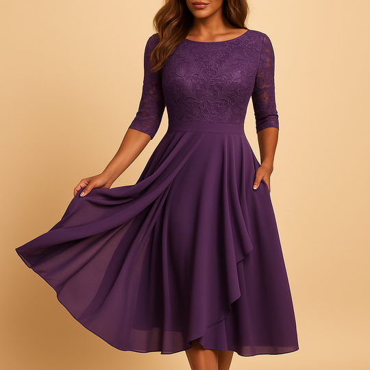 Midi Jurk Dames | Kant & Asymmetrische Gelaagde Rok