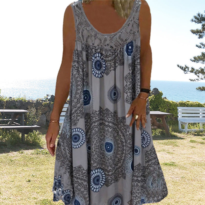 Midi Jurk Dames | Mouwloos Boho-Print & Luchtige Losse Pasvorm
