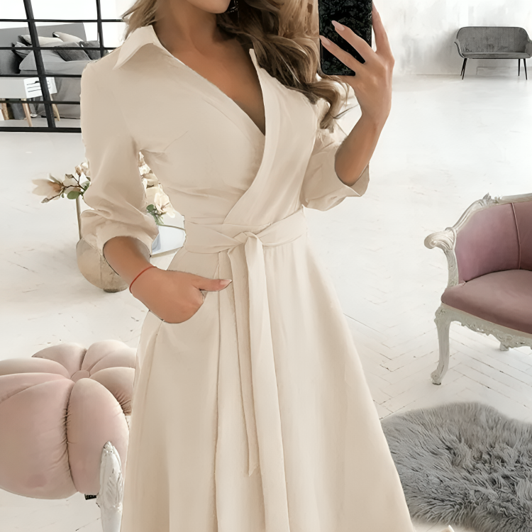 Midi Jurk Dames | V-hals & Strikceintuur voor Tijdloze Elegantie