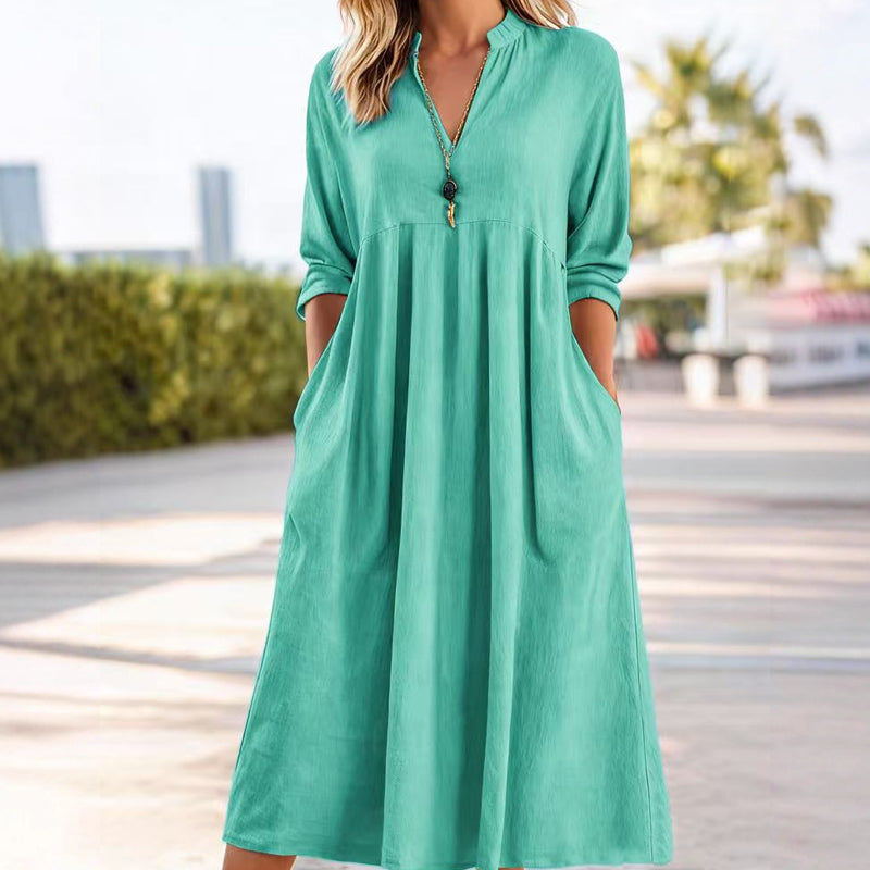 Midi Jurk | V-hals & Empire Taille met Zakken