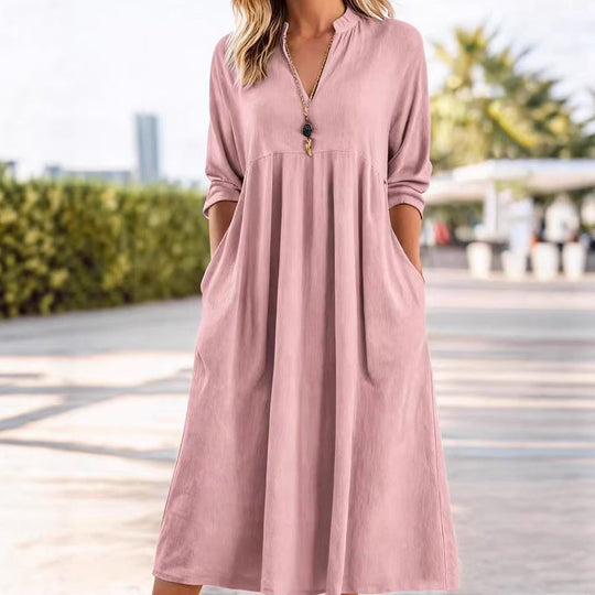 Midi Jurk | V-hals & Empire Taille met Zakken