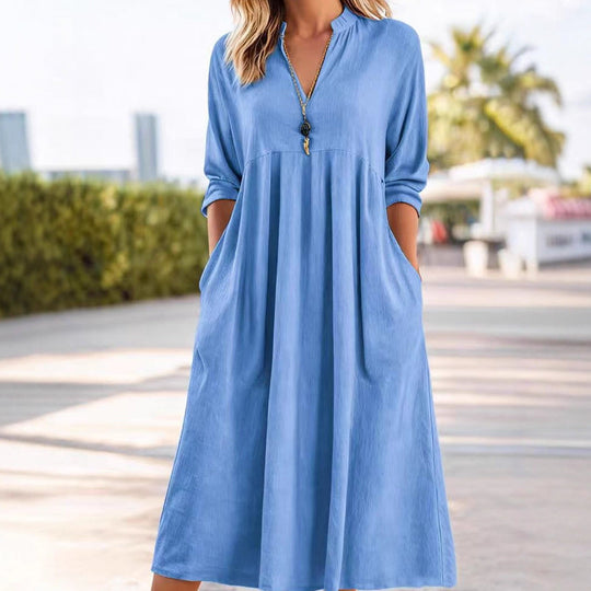 Midi Jurk | V-hals & Empire Taille met Zakken