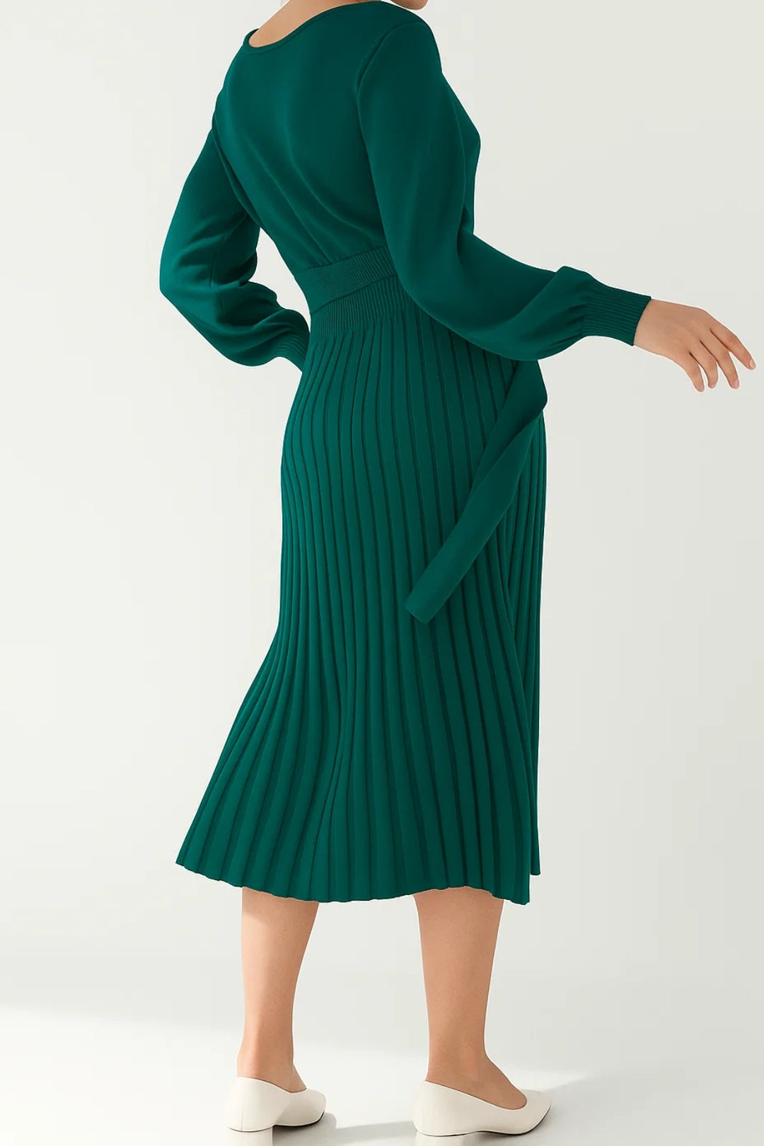 Midi Jurk met Lange Mouwen en Plooirok | Elegante Jurk Dames