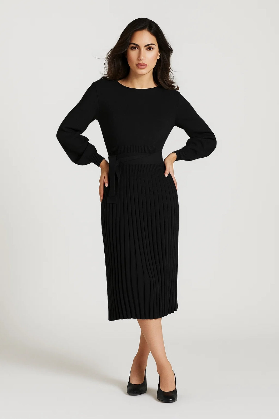 Midi Jurk met Lange Mouwen en Plooirok | Elegante Jurk Dames