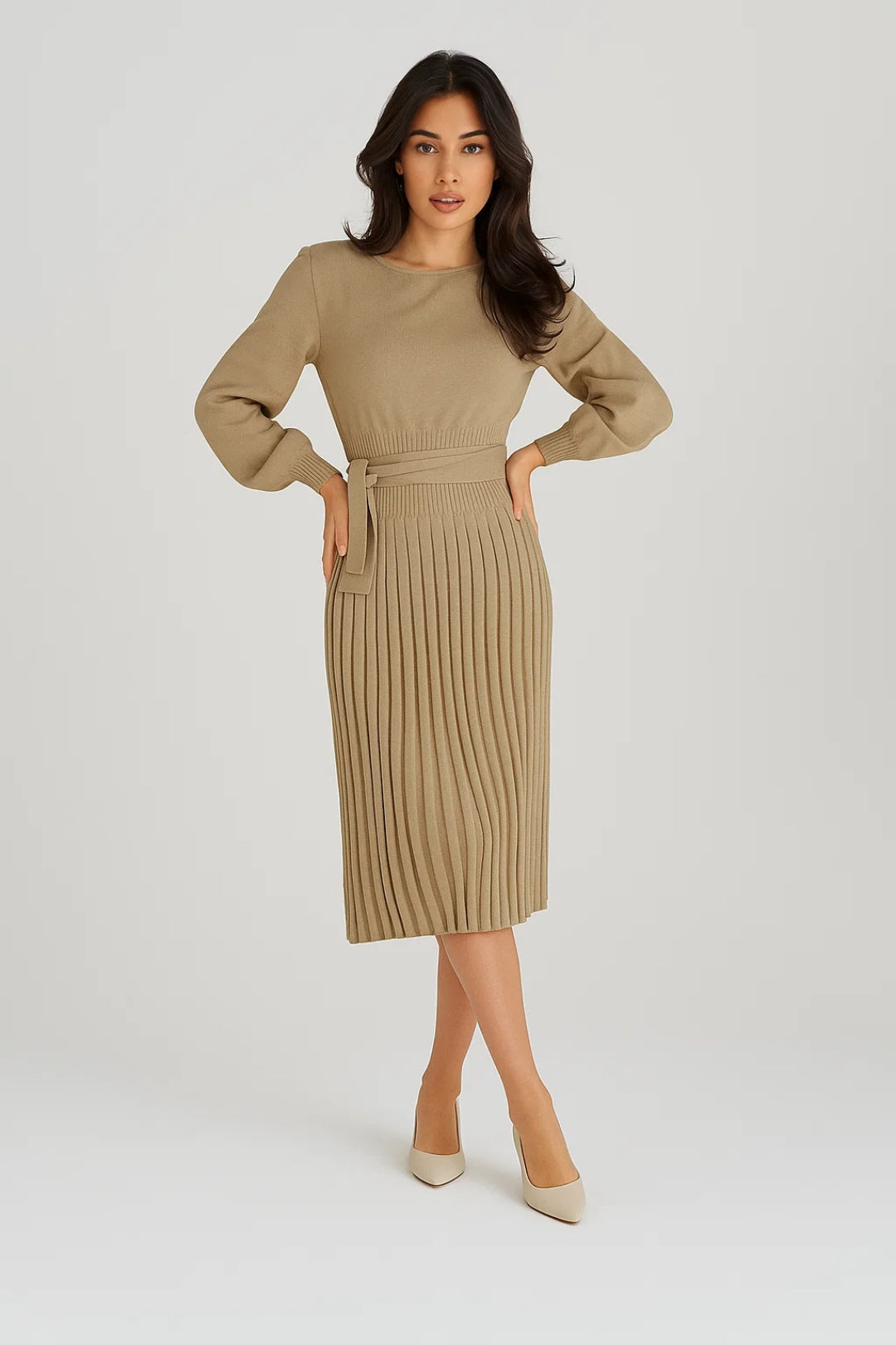 Midi Jurk met Lange Mouwen en Plooirok | Elegante Jurk Dames