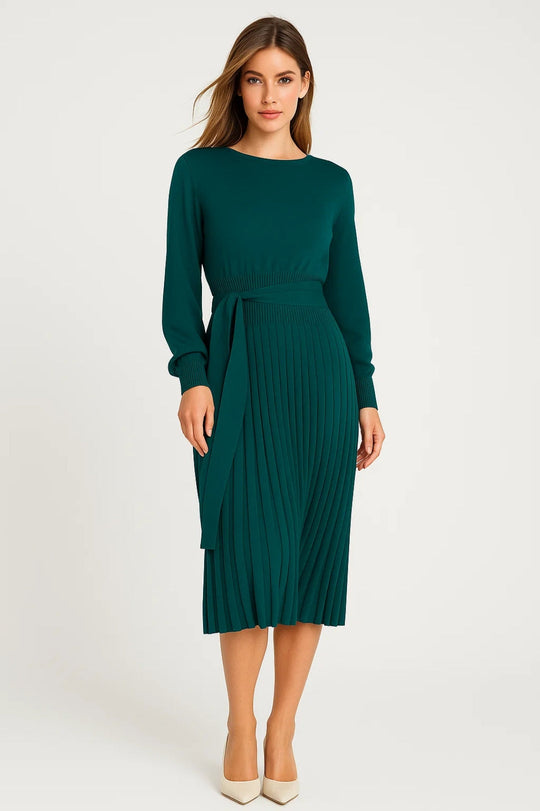 Midi Jurk met Lange Mouwen en Plooirok | Elegante Jurk Dames