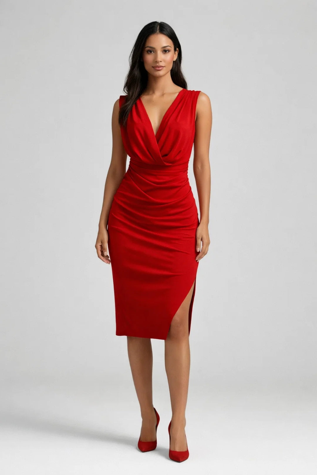 Midi Jurk met V Hals en Split | Avondjurk Elegant