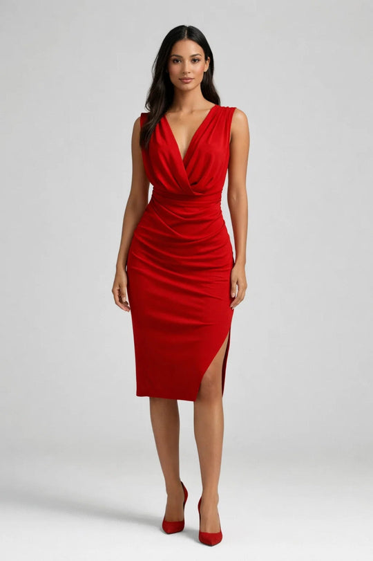 Midi Jurk met V Hals en Split | Avondjurk Elegant