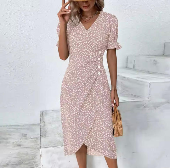 Midi-Sommerkleid Damen mit Kurzen Ärmeln und V-Ausschnitt - Maria