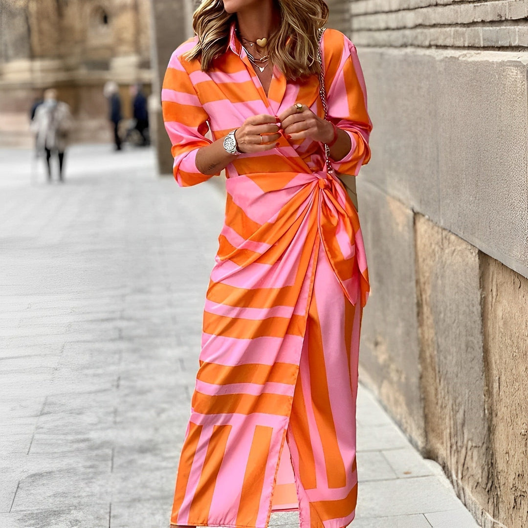 Midi-Sommerkleid Damen mit Langen Ärmeln, Buntem Print und V-Ausschnitt - Lisa