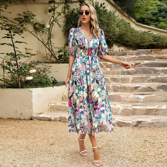 Midi-Sommerkleid Damen mit V-Ausschnitt und Elastischer Taille - Linda – Bild 11