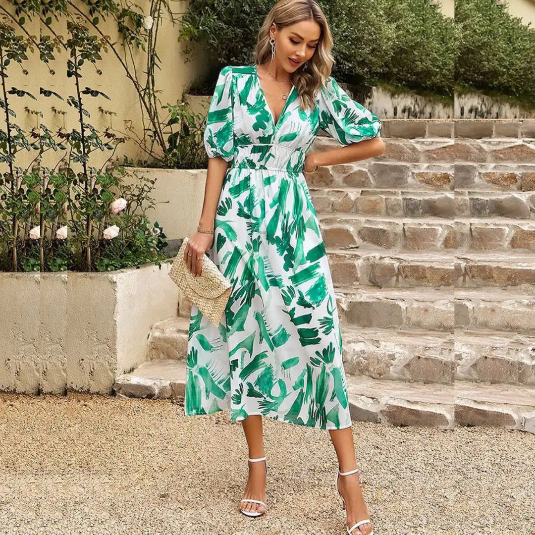 Midi-Sommerkleid Damen mit V-Ausschnitt und Elastischer Taille - Linda – Bild 4