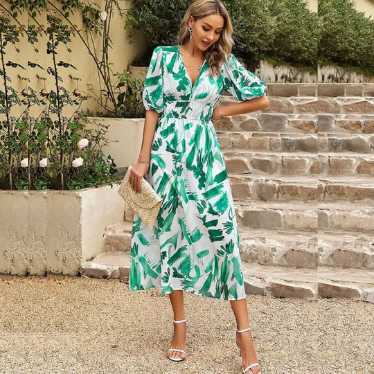 Midi-Sommerkleid Damen mit V-Ausschnitt und Elastischer Taille - Linda – Bild 4