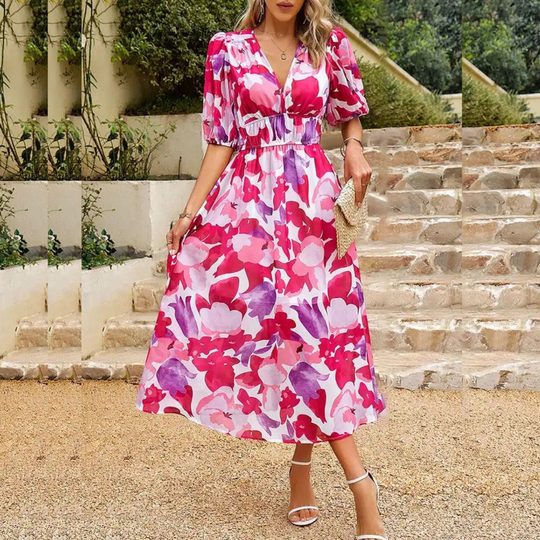 Midi-Sommerkleid Damen mit V-Ausschnitt und Elastischer Taille - Linda – Bild 5