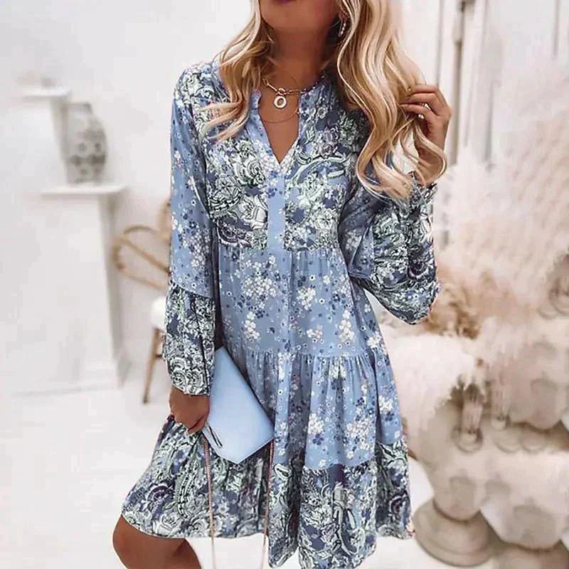 Midi Zomerjurk Dames | Boho Bloemenprint & Getrapte Volantrok