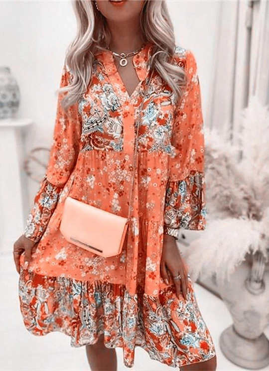 Midi Zomerjurk Dames | Boho Bloemenprint & Getrapte Volantrok