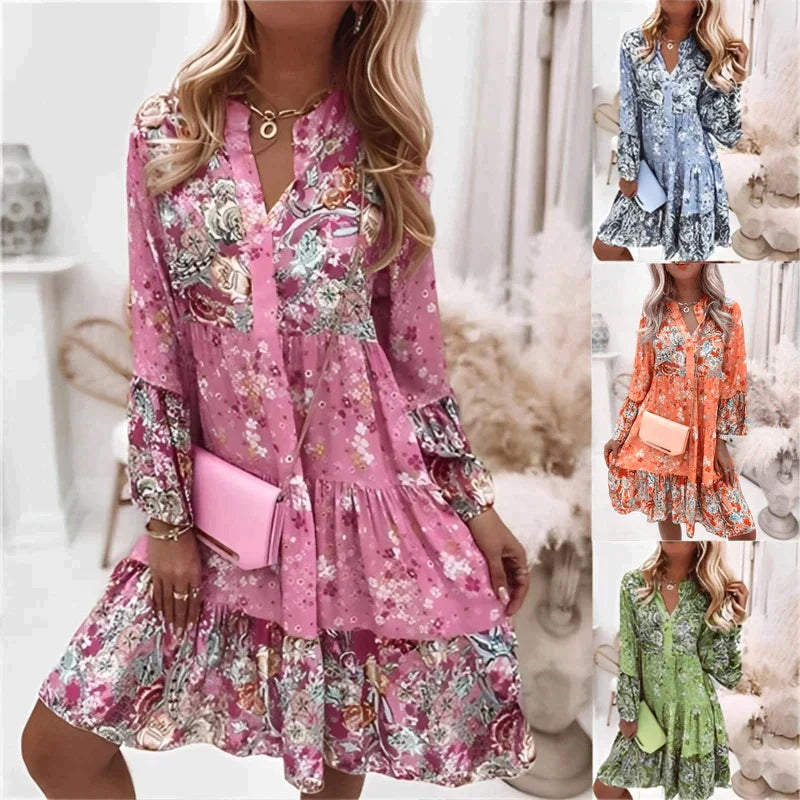 Midi Zomerjurk Dames | Boho Bloemenprint & Getrapte Volantrok