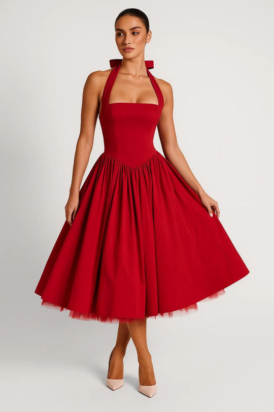 Midi jurk Dames | Halternek & Volle A-lijn Rok