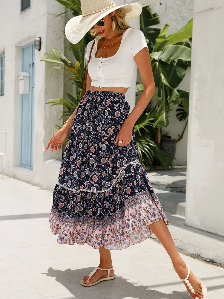 Midirock Damen mit Retro-Print – Liora