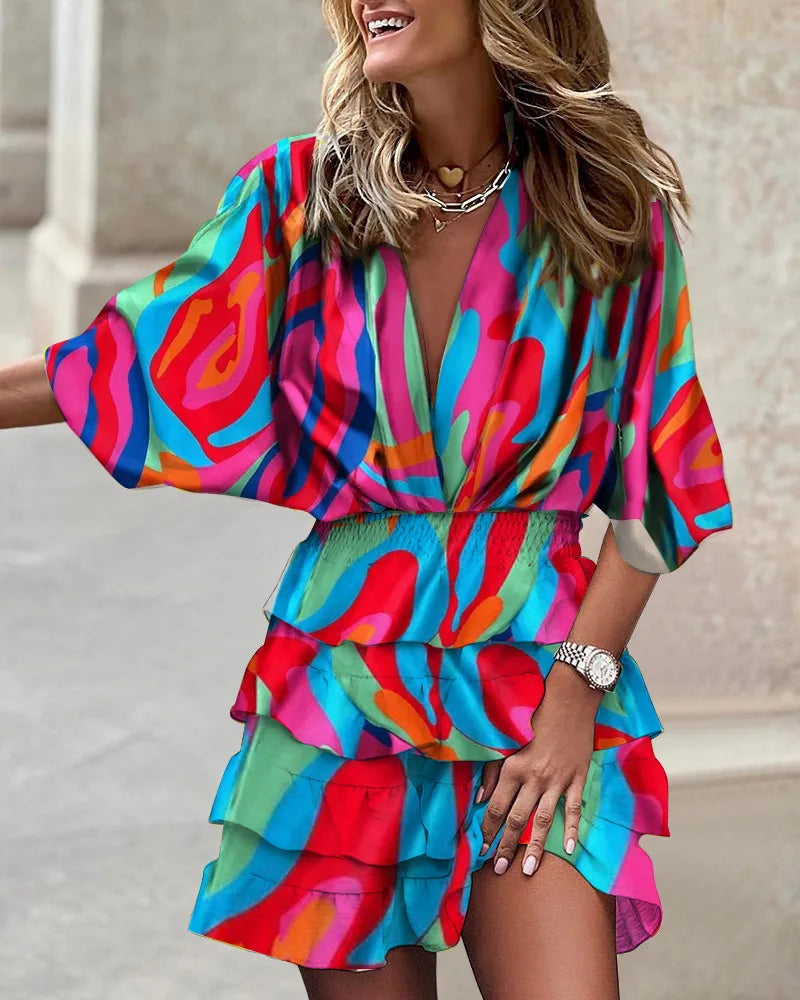 Mini-Sommerkleid Damen mit Print, Cut-out und Elastischer Taille - Caroline