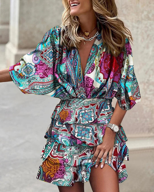 Mini-Sommerkleid Damen mit Print, Cut-out und Elastischer Taille - Caroline