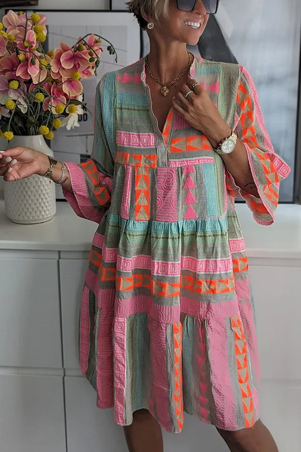 Minikleid Damen mit Glockenärmeln und Ethno-Print - Rianna