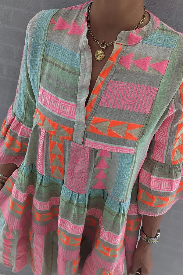 Minikleid Damen mit Glockenärmeln und Ethno-Print - Rianna